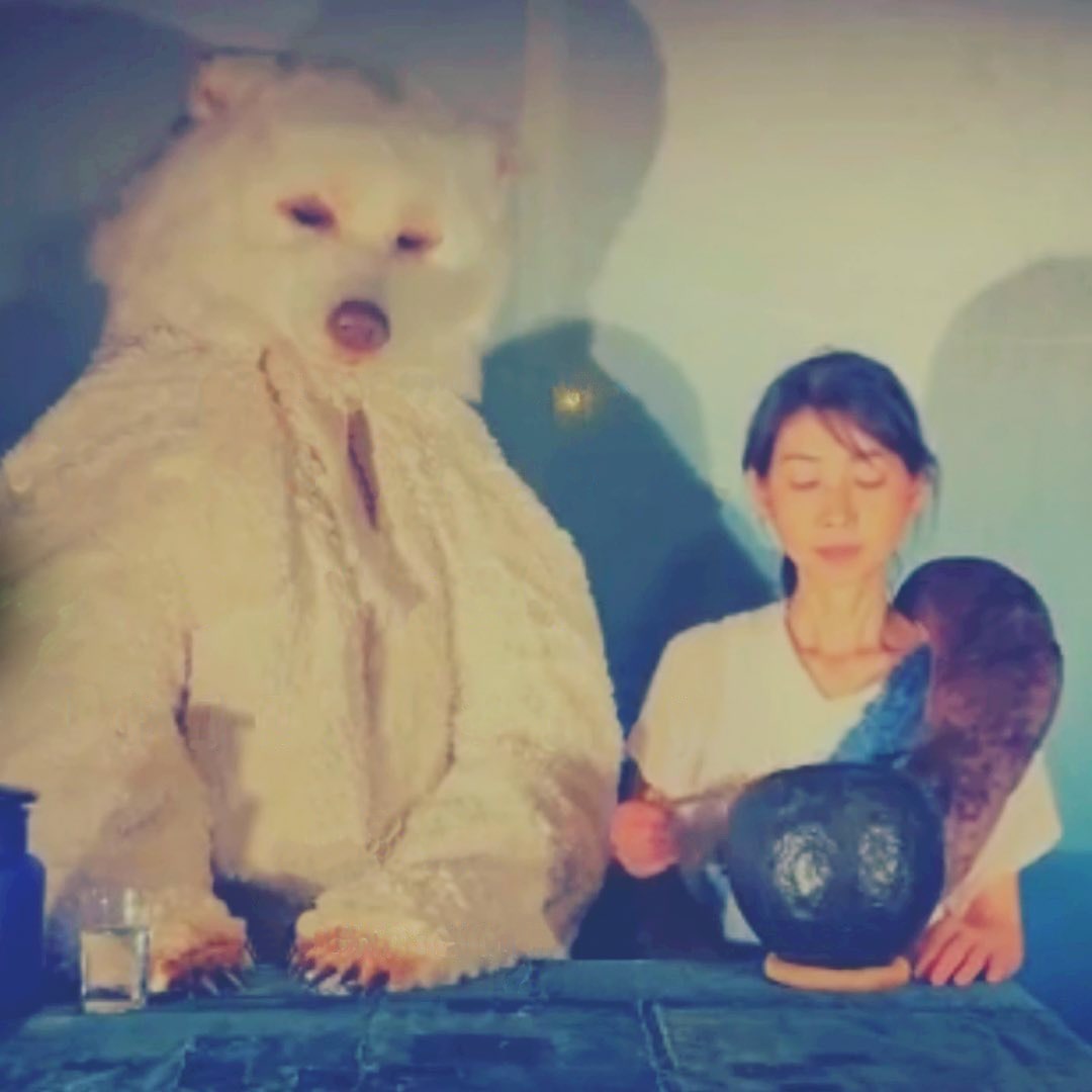 写真：ぽらんころ　ゆうこ さん（右）とクマの着ぐるみ（左）の写真